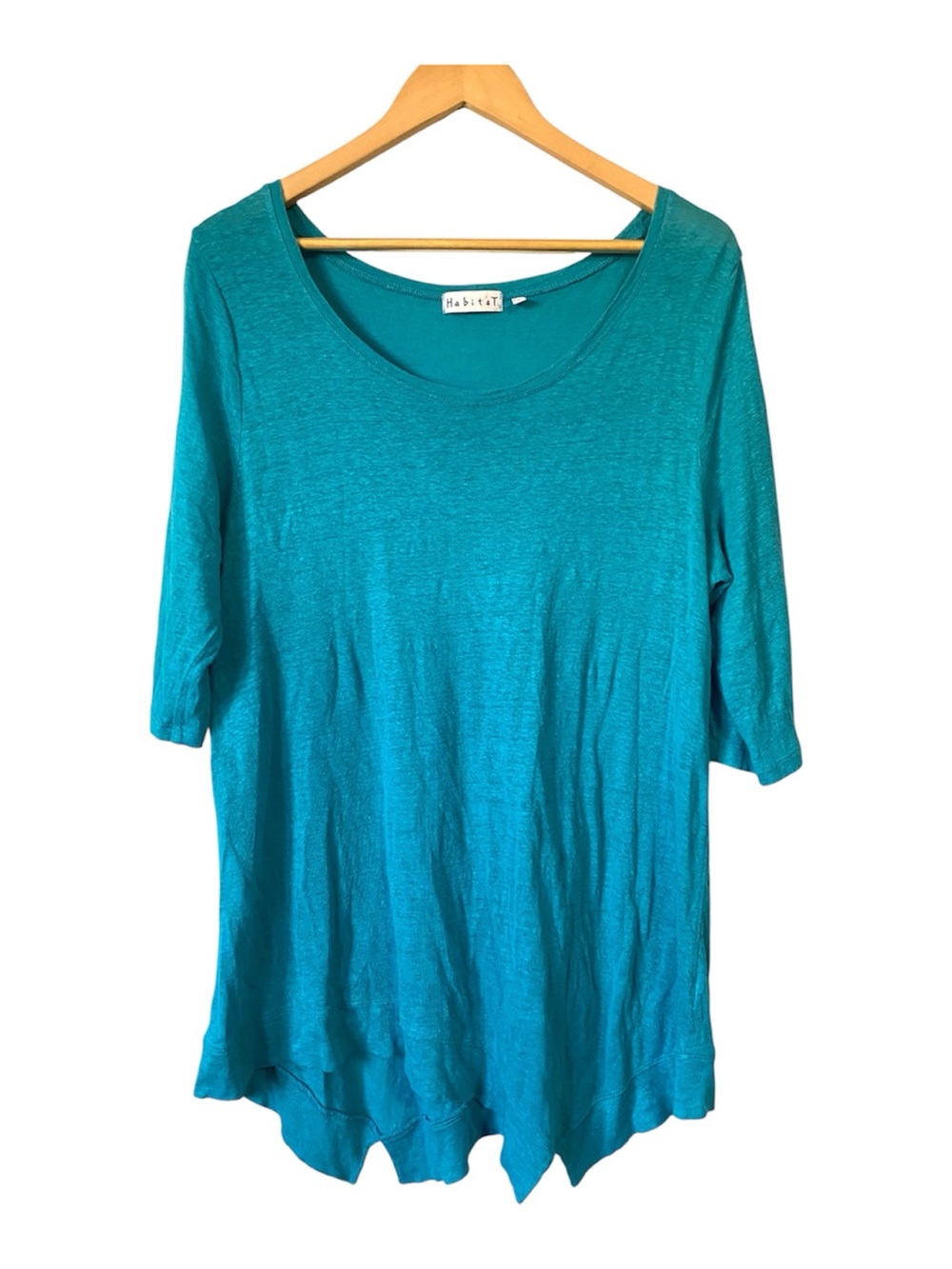 Habitat Turquoise Teal Asymmetrical Angled Hem Tunic Top Slub Knit 3/4 Sleeve L